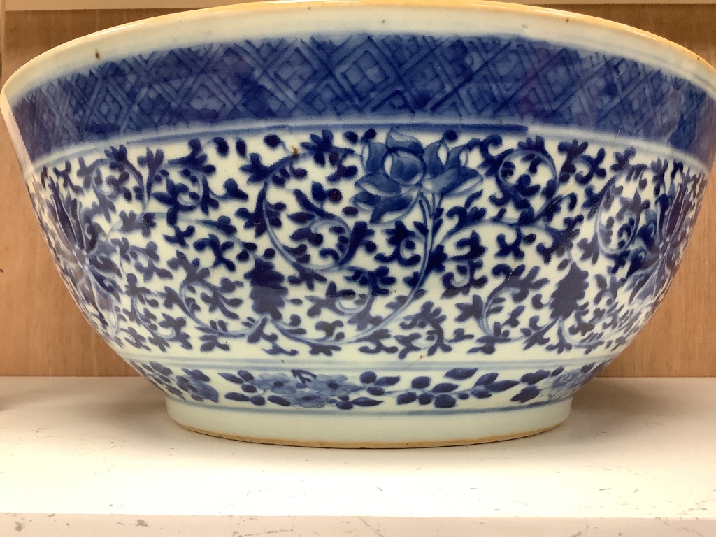 A 19th century Chinese blue and white punch bowl, 35cm diameter